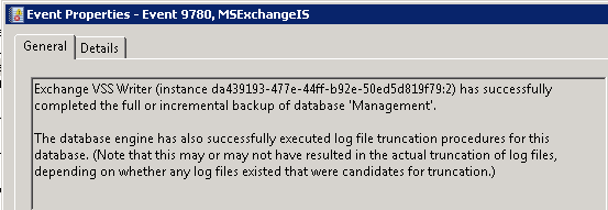 MSExchangeIS Event ID 9780 - Backup complete