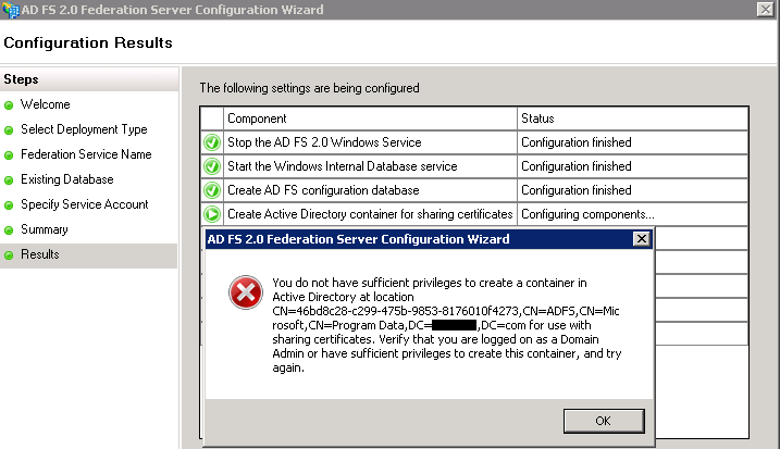 Create Active Directory container for sharing certificates - Error